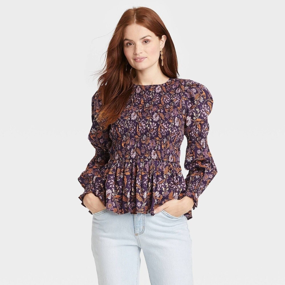 Universal Thread Boho Purple Smocked Puff Sleeve Floral Peplum Blouse M